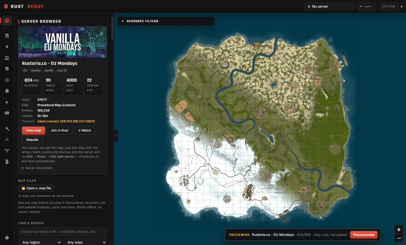 RustScout showing a server's map with the server browser open