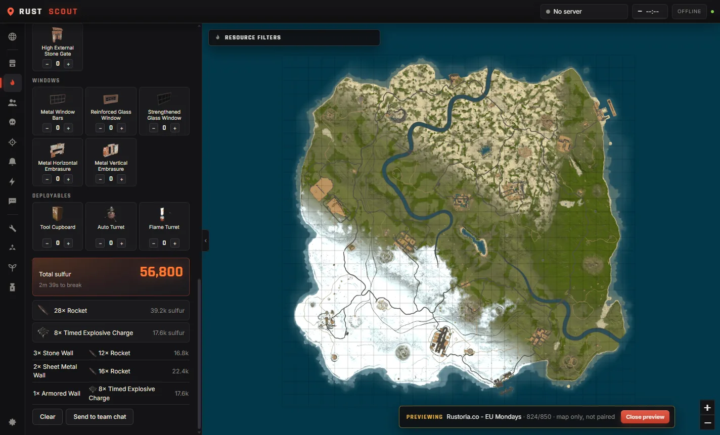 Raid cost calculator showing 56,800 sulfur for six walls